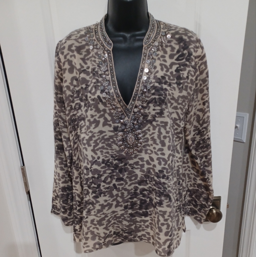 Beaded Pashmina Leopard Tunic, S